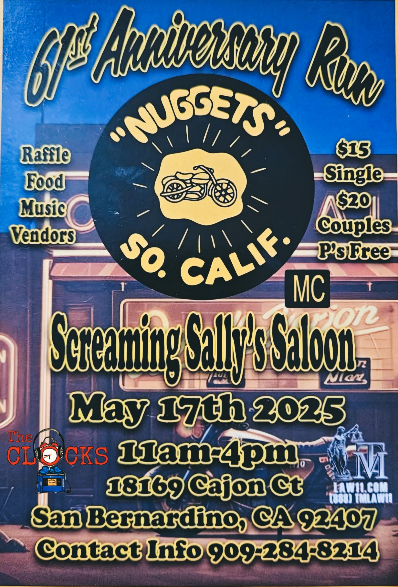 The Clocks LIVE at The Nuggets 61st Anniversary Run, Screaming Sally’s Saloon.  May 17th, 2025.  11am-4pm.